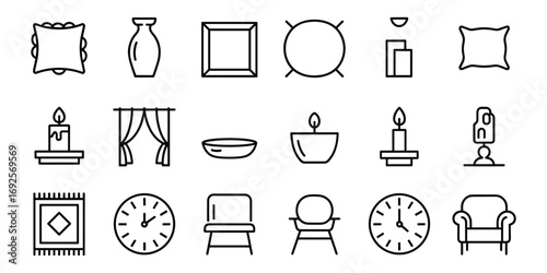 Home interior and decor line art icons on a white background Keywords: home, interior, decor, decoration, furniture, furnishings