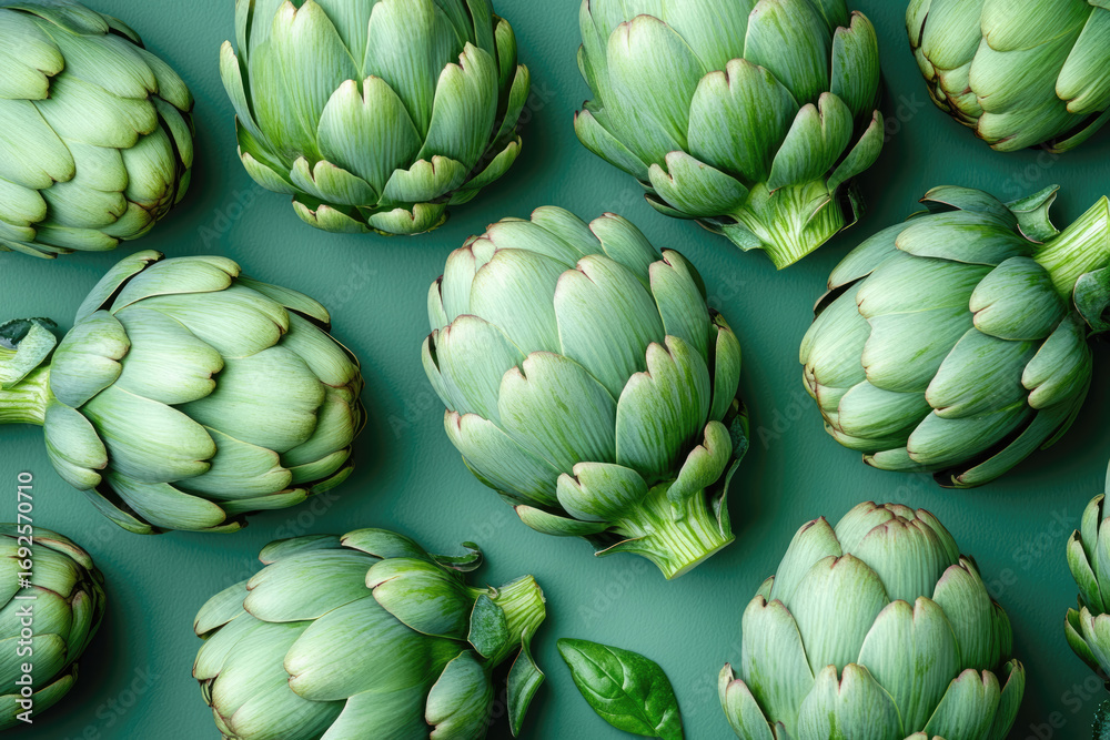 Fototapeta premium Stunning Flatlay Featuring French Artichokes on Pastel Green Background