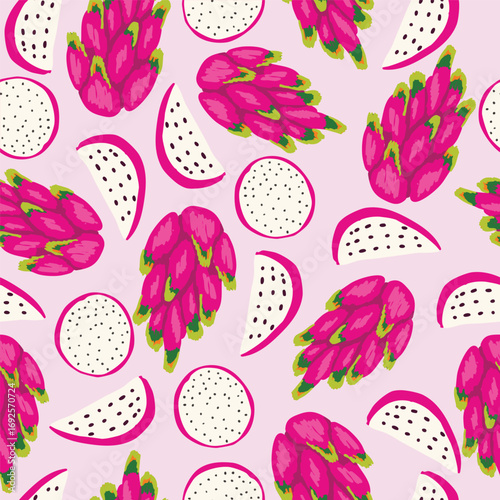 Dragon Fruit doodle seamless pattern for background, fabric, cover, wrapping, etc.