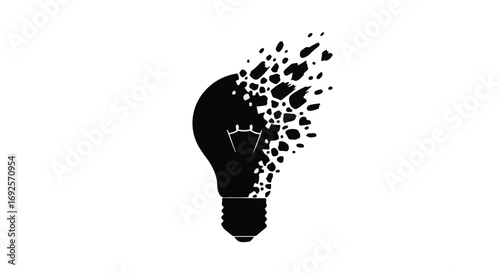 Black lightbulb dissolving into fragments, symbolizing loss of ideas or innovation.