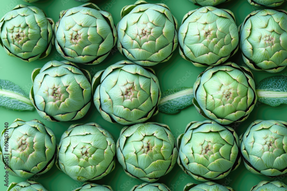 Obraz premium Elegant Flatlay of French Artichokes with Warm Pastel Green Backdrop
