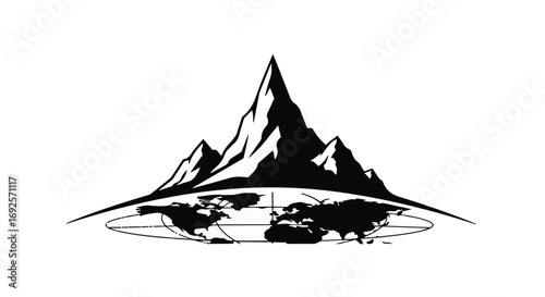 Majestic mountains rise above a stylized flat earth map, symbolizing exploration and discovery.