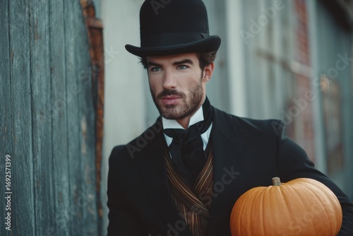Elegant Victorian Man Holding Pumpkin in Stylish Fall Attire.