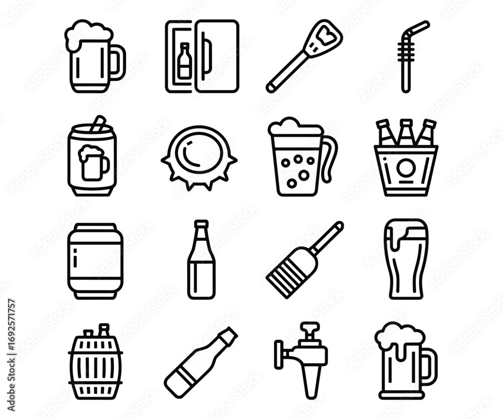 Obraz premium Outline icons for beer mugs, cans, bottles, kegs, and bar accessories Keywords: beer mug, beer can, beer bottle, beer keg, bottle