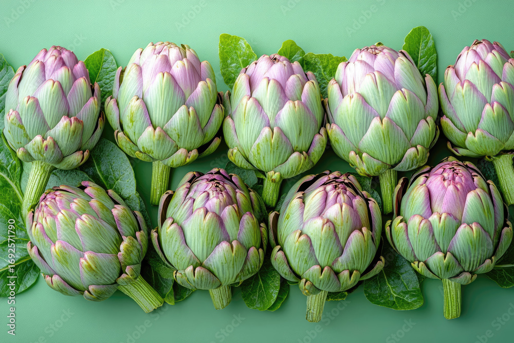 Fototapeta premium Natural Light Illuminates French Artichokes in Artistic Flatlay Composition