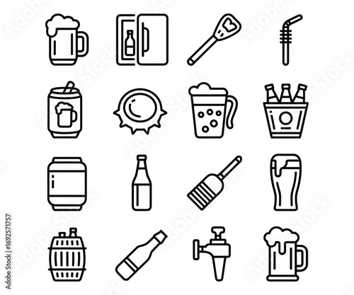 Outline icons for beer mugs, cans, bottles, kegs, and bar accessories Keywords: beer mug, beer can, beer bottle, beer keg, bottle