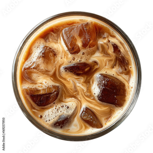 Glass of iced coffee with milk swirl, isolated on white, top-down view, clear and commercial-ready