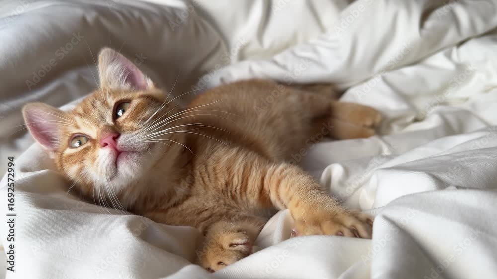 Close-up Cute ginger kitten falling asleep in white blanket, slowly closing eyes. Ginger cat child kneading paws - pushing out claws Close-up Cute ginger kitten falling asleep in white blanket, slowly closing eyes. Ginger cat child kneading paws - pushing out claws