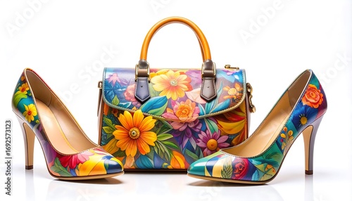 Colorful painted handbag and heels