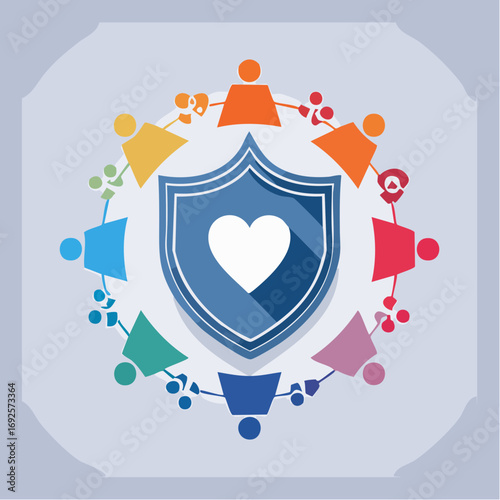 Diverse group of stylized people forms a circle around a shield with a heart, symbolizing unity, protection, and care