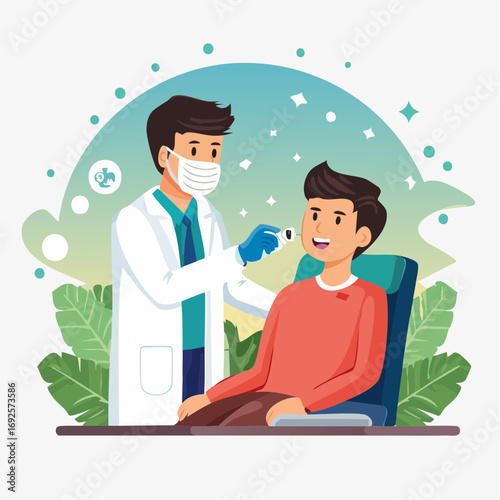 A medical checkup illustrated in a clean flat design style, featuring a doctor with a face mask examining a young male patient in a clinic