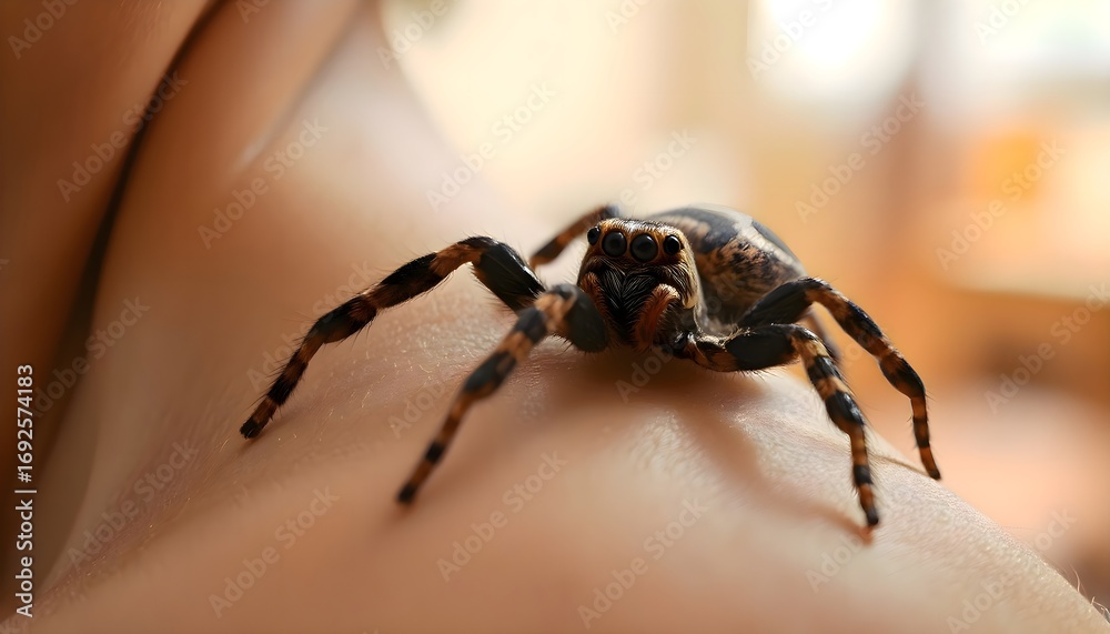 Obraz premium Spider positioned on the arm of a human, macro detailed view of arachnid body and legs interacting with skin surface in natural light