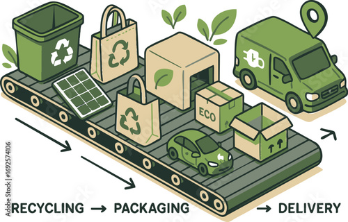 Eco friendly supply chain process, isometric recycling packaging and delivery illustration