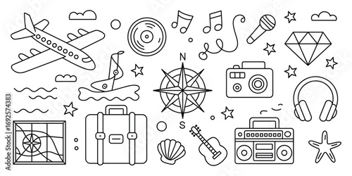 Travel and leisure icons airplane suitcase compass camera guitar boombox and music notes Keywords: airplane, travel, vacation