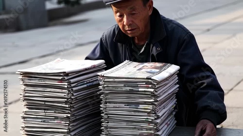 Elderly vendor selling newspapers on the street, capturing a glimpse of everyday life and