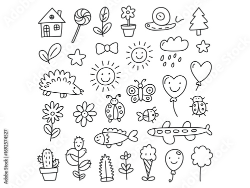 Whimsical doodle icons of nature animals and objects house lollipop flower snail tree Keywords: house, lollipop, plant, flower