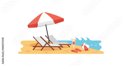 Summer beach scene with relaxing loungers and vibrant umbrella