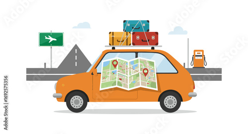 Retro car with luggage and map on scenic road trip journey