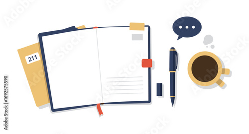 Cozy workspace with open notebook, coffee cup, and pen for creative ideas