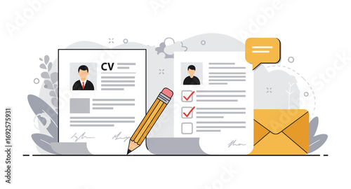 Job application design with cv and contact icons