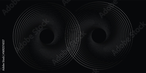 Modern abstract background. Halftone dots in circle form. Spiral logo, icon or design element. Black dots on a white background and white dots on the black side.