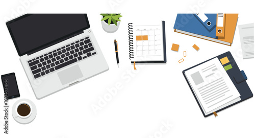Modern office workspace with laptop and stationery on white background