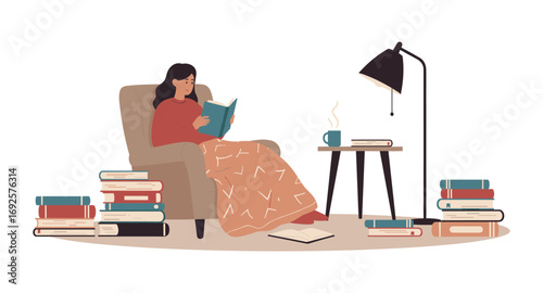 Cozy reading corner with woman relaxing in armchair surrounded by books and warm blanket