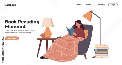 Cozy reading moment with woman relaxing on armchair in modern living room