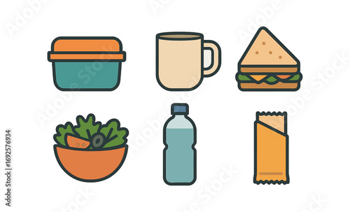 Colorful icons of lunchbox, coffee mug, sandwich, salad, water bottle, and snack bar