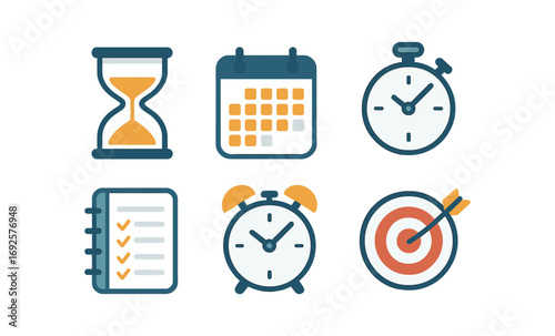 Time management icons set: hourglass, calendar, stopwatch, checklist, alarm clock, target