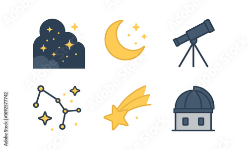 Glowing night sky elements with telescope and observatory in neon style