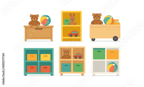 Colorful toy storage solutions for kids' rooms in flat design style