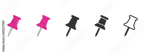Push pin icon set with pink, black, and outline thumbtacks. Vector illustration for office stationery, reminders, maps, corkboards, notes, and digital design symbols