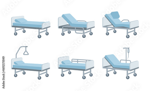 Collection of modern medical beds with adjustable features on gradient background