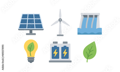 Renewable energy icons set featuring solar, wind, hydropower, and sustainable elements in a modern flat design
