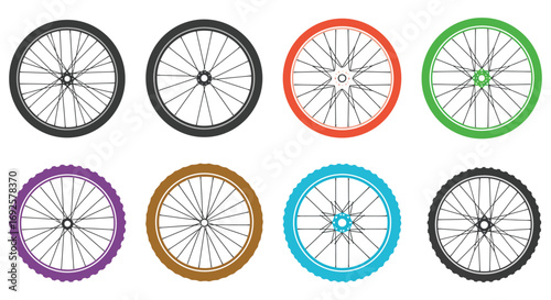 colorful bicycle wheels arranged neatly in two rows