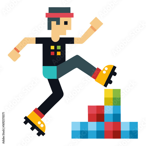 Retro pixel skater kicking colorful blocks dynamic pose vector