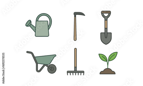 Gardening tools and plant outline on dark background