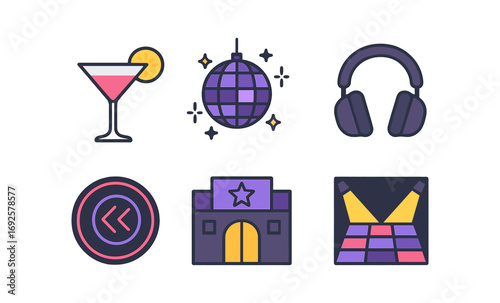 Neon nightlife icons: cocktails, disco, music, and dance vibes