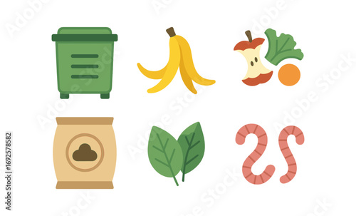 Colorful composting elements with food waste and recycling icons