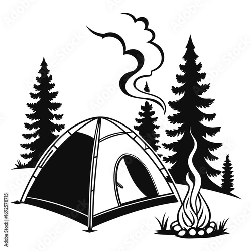Tent campfire and trees silhouette outdoor camping scene vector