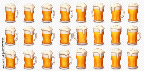 A collection of various beer glasses and mugs filled with golden lager and frothy white foam on a transparent background.