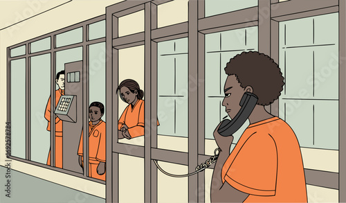 "A cartoon illustration of a prison visitation room. Inmates wearing orange jumpsuits are seated on one side of a glass partition using telephones to talk with visitors on the other side. The scene in
