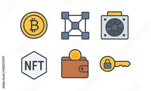 Cryptocurrency icons: bitcoin, blockchain, nft, and digital security in modern flat style