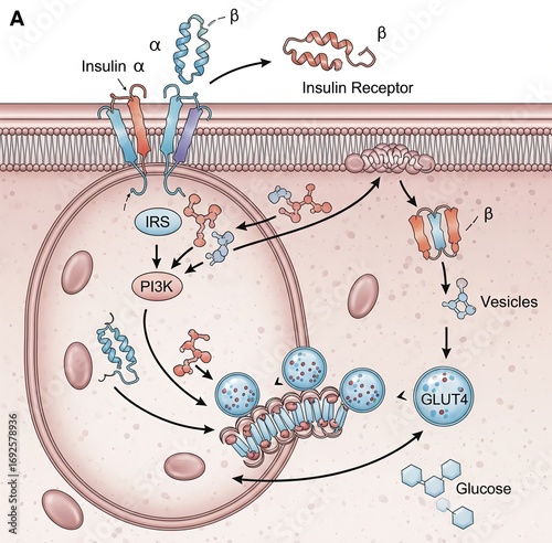 The illustration explains how insulin binds to its receptor, triggering a cascade that leads to the translocation of GLUT4 transporters to the cell membrane for glucose uptake.