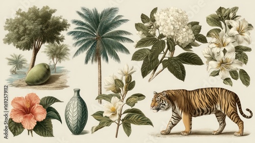 Botanical Illustration of Tropical Flora and Fauna