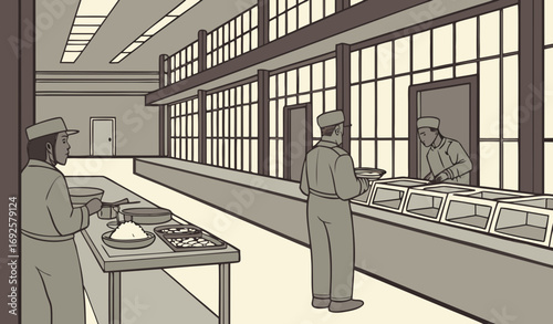 "A monochromatic cartoon illustration of a prison dining hall or mess hall. Inmates in uniform are lining up for food at a serving counter. A server is behind the counter distributing food from large 