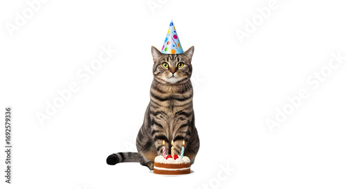 Tabby Cat Celebrates Birthday with Hat and Cake on Black Background.