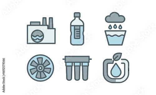 Linear icons of water purification and industry elements set on metallic background