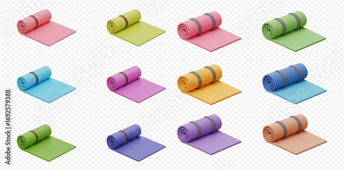 A vibrant collection of partially rolled yoga mats in various colors, each secured with a strap, presented on a transparent background.